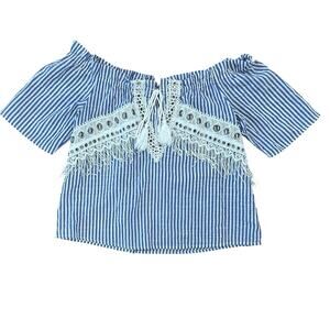 Bohemian western festival vintage off shoulder blue/white fringe blouse large